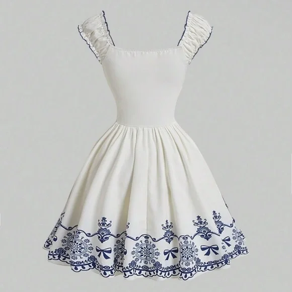 SOLD Women's Floral Print Ruffle Trim Pleated Hem Dress Size M/6 NWOT - Picture 2 of 4